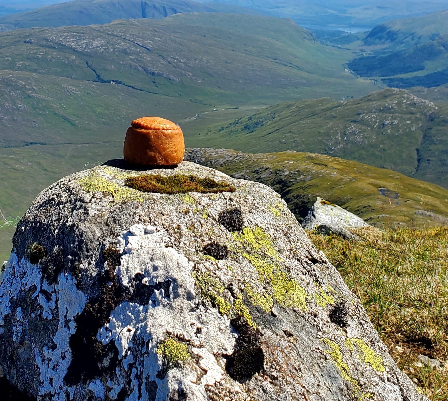 A pork pie sitting on a rock with hills in the background. 