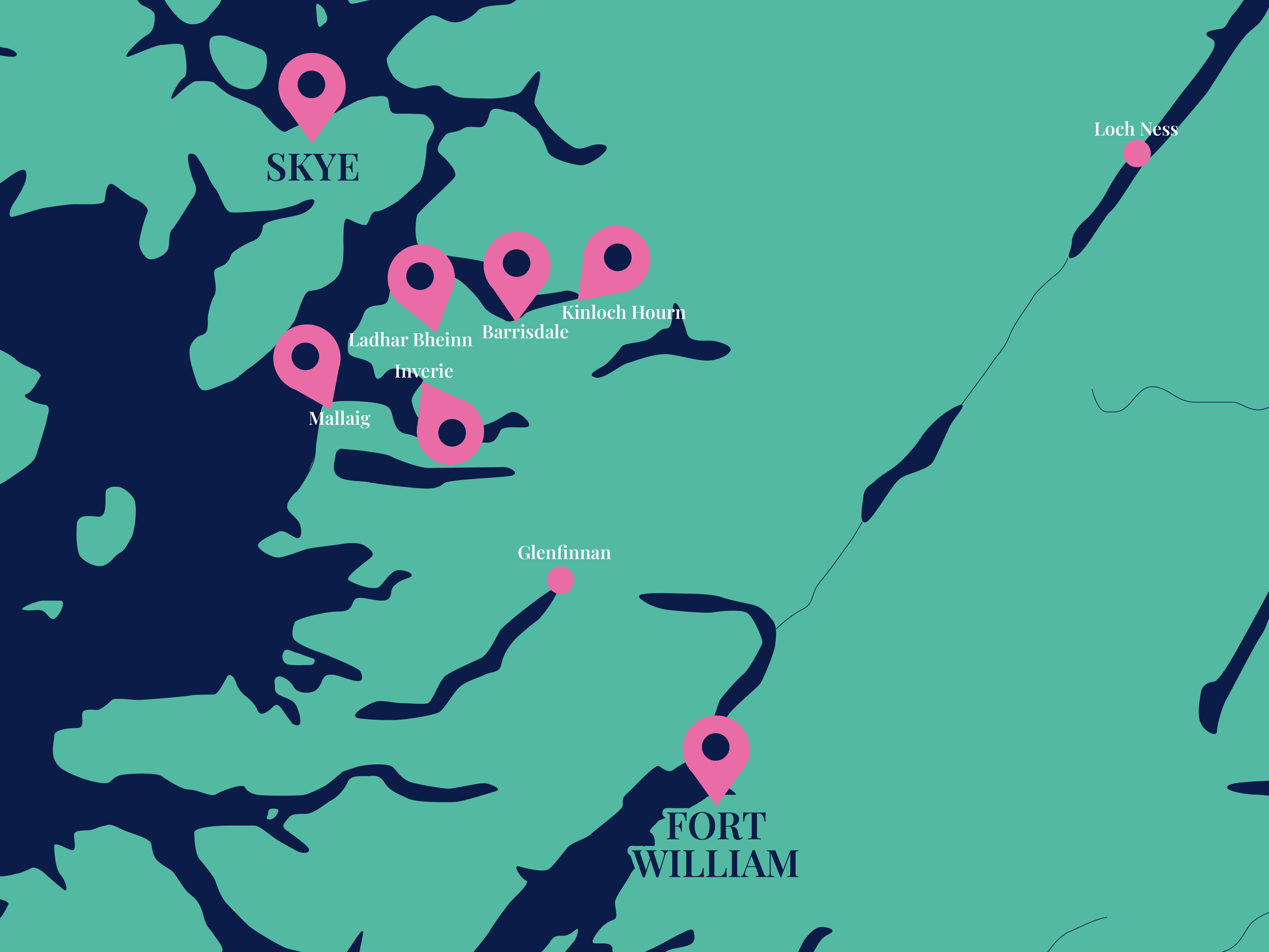 A map of the west of Scotland showing John's stops between Skye and Fort William.