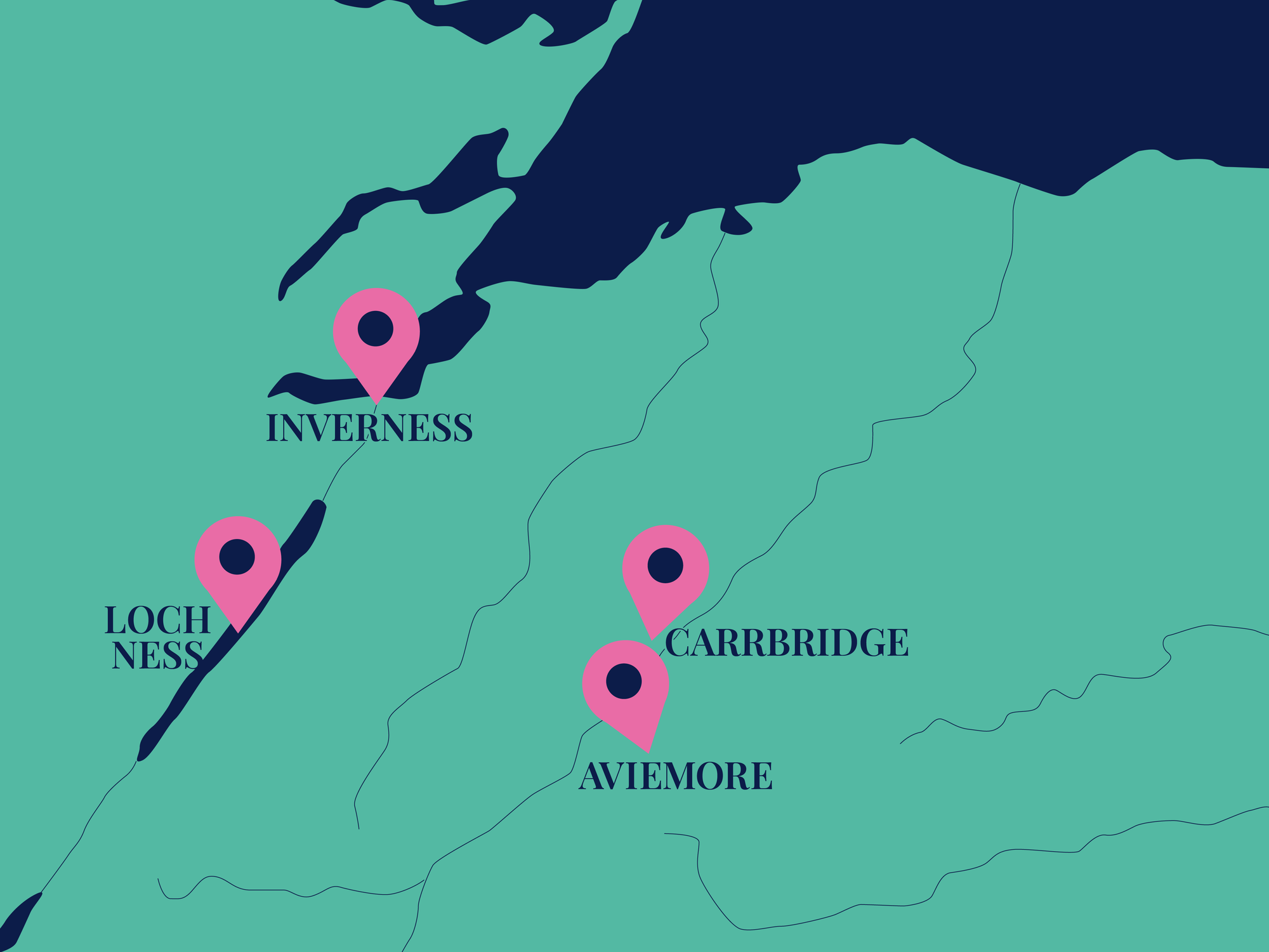 A map of the Highlands of Scotland showing Inverness, Loch Ness, Carrbridge and Aviemore.