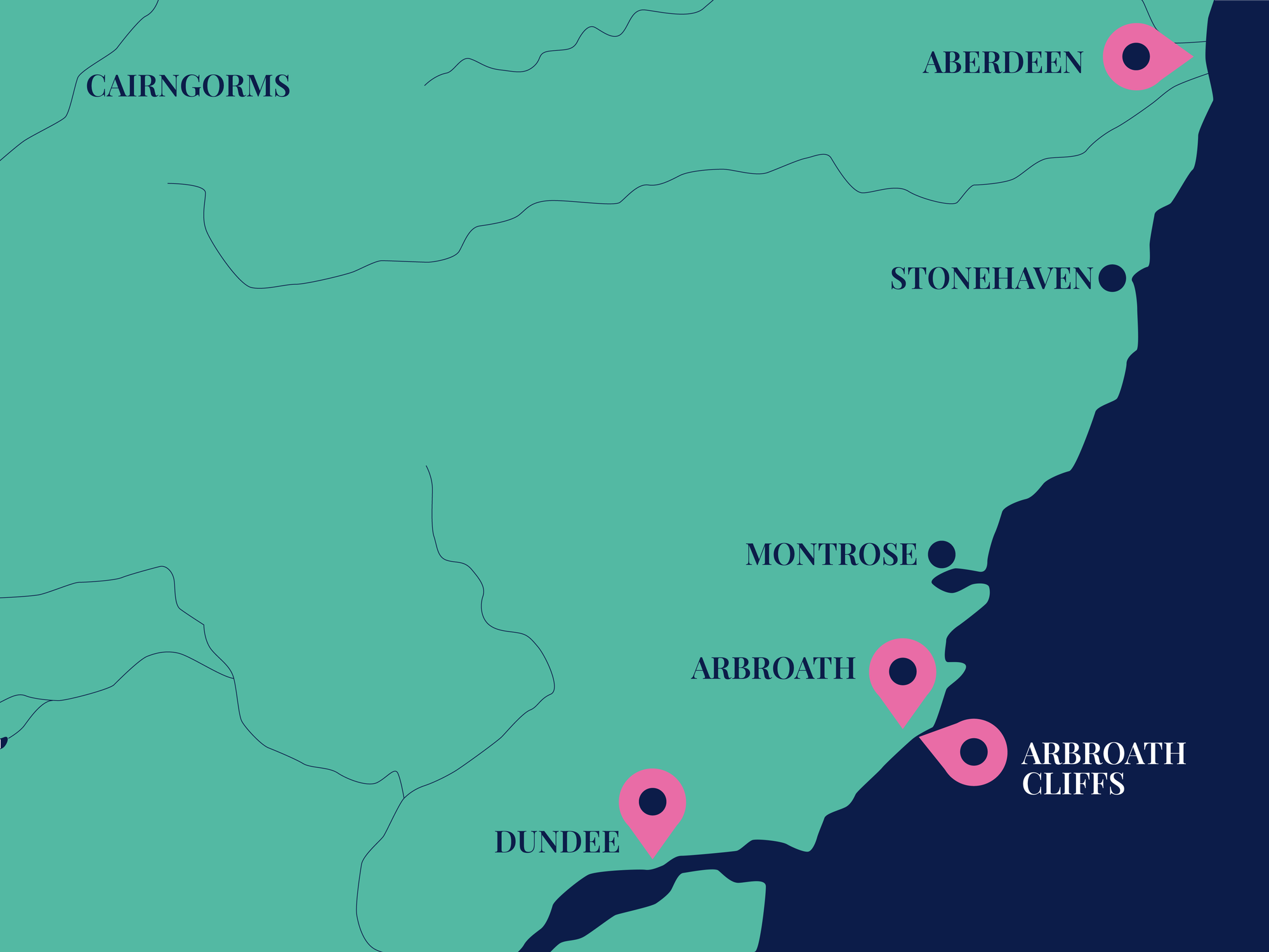 A map showing Arbroath located on Scotland's east coast between Dundee and Aberdeen.