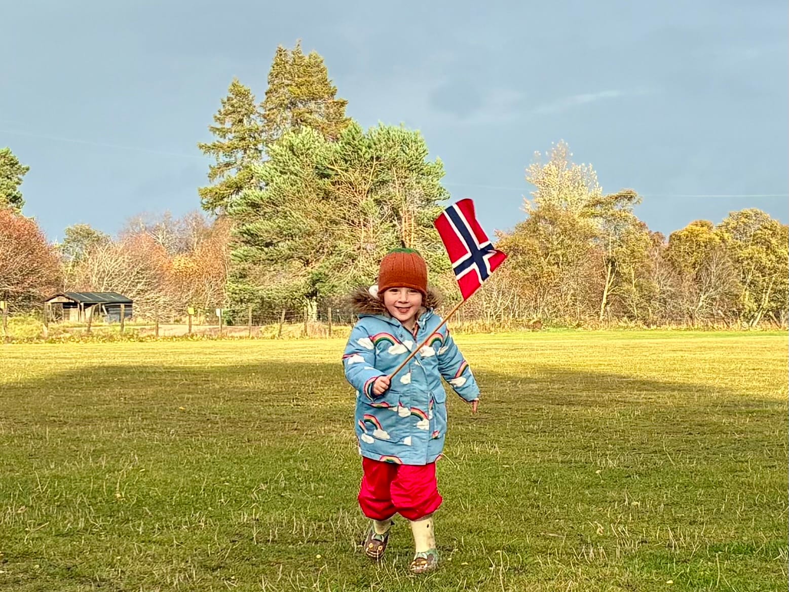 Lily runs outside on grass holding a small Norwegian flag.