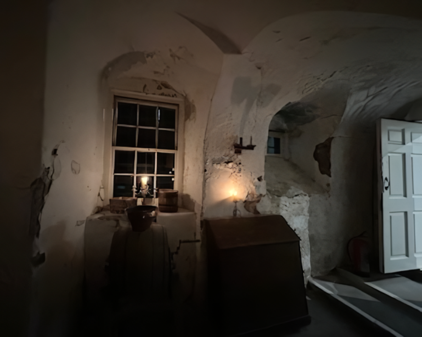 A dark room in the castle lit by lamplight. White walls and a door are visible.