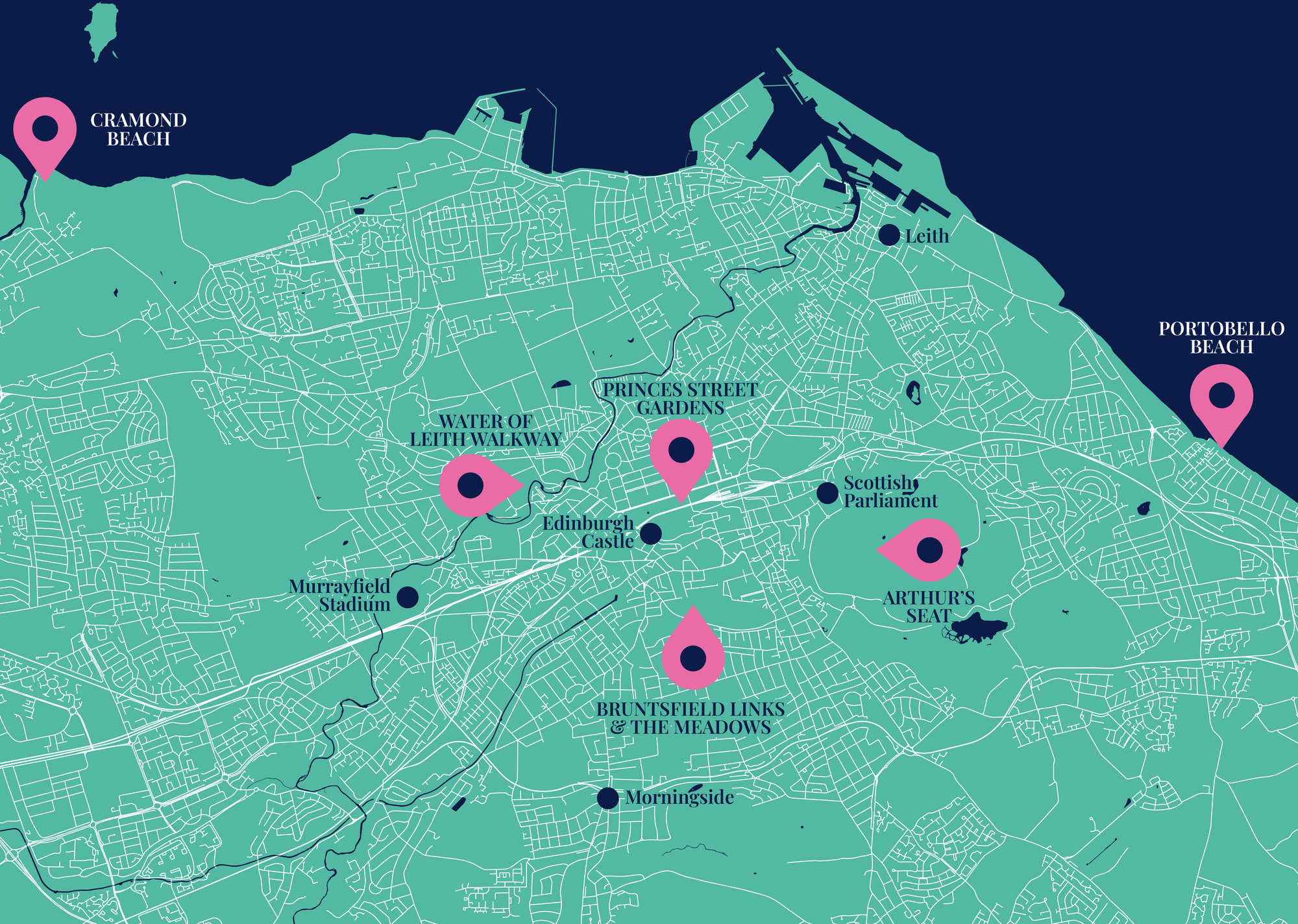 A map of Edinburgh highlighting Daniella's top green spots.
