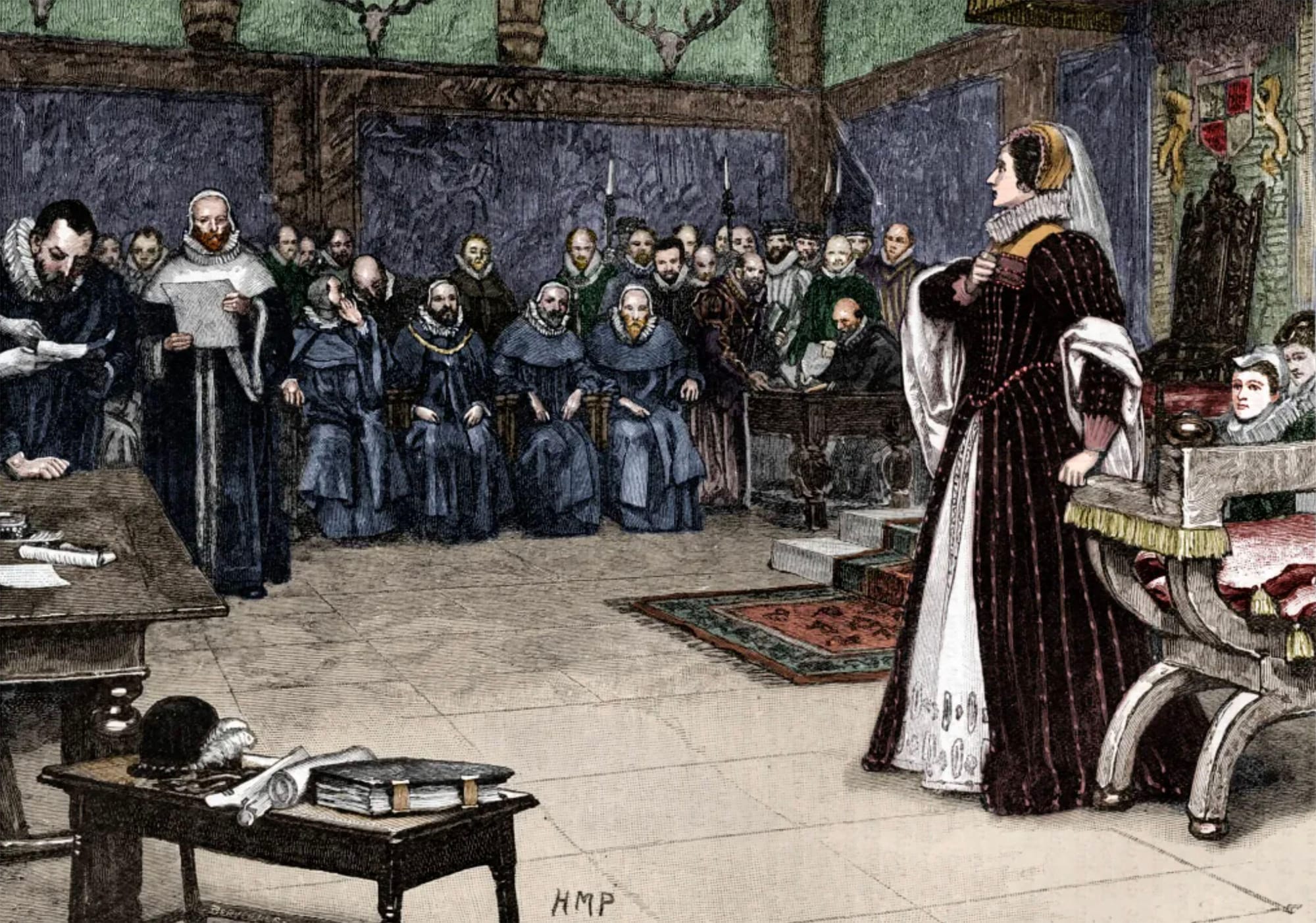 An illustration of Mary at her trial in Fotheringhay Castle in February 1587, where she was sentenced to death.