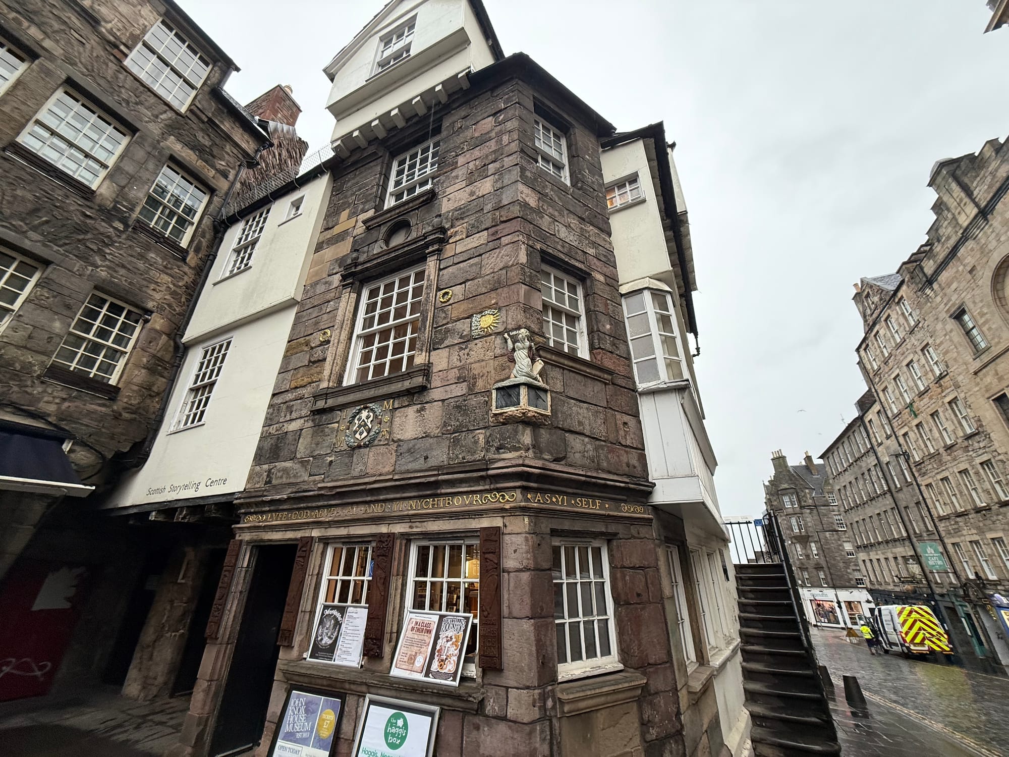 Exterior view of John Knox House in Edinburgh, which today houses the Scottish Storytelling centre.