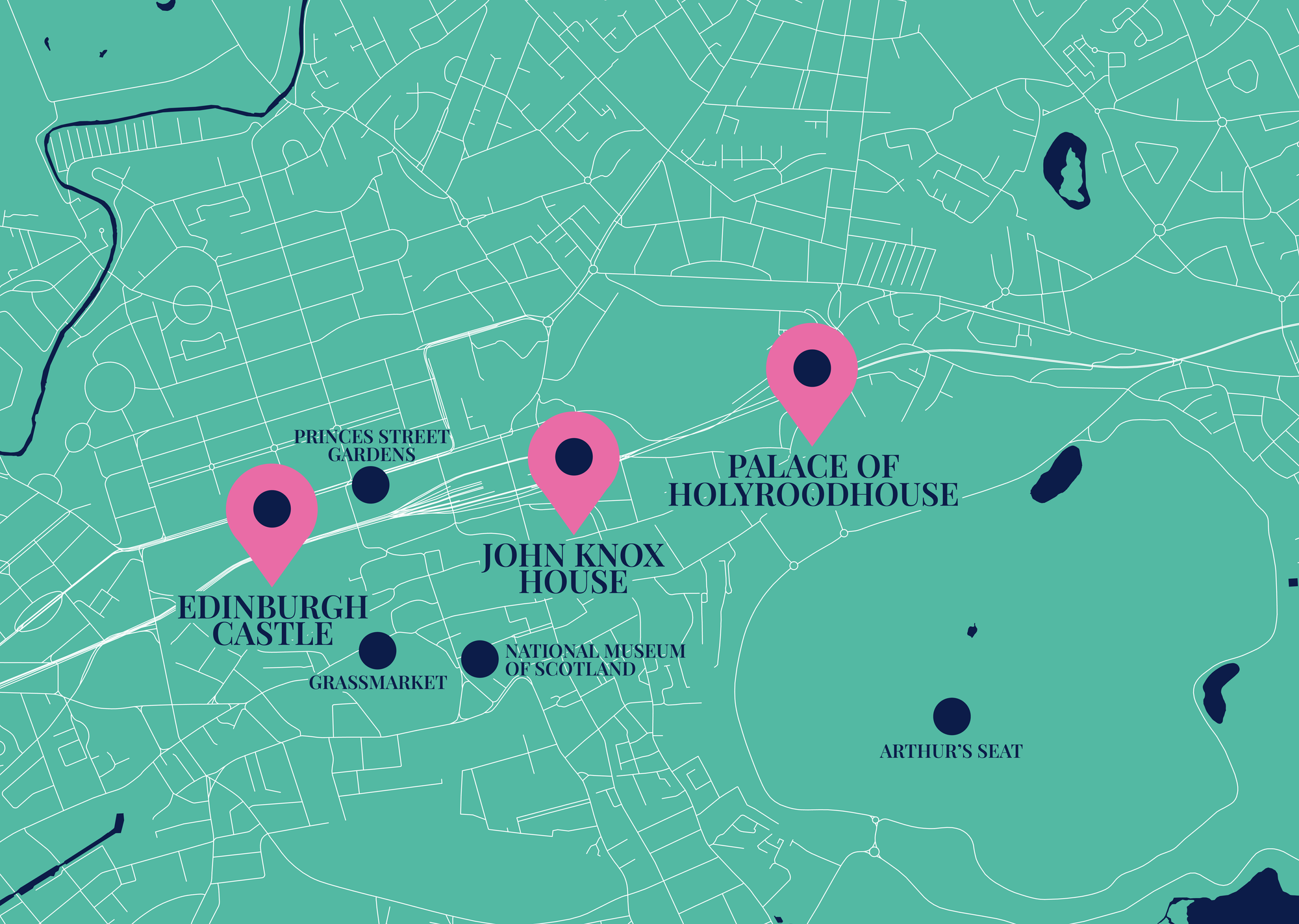 A map of Edinburgh highlighting Edinburgh Castle, John Knox House and the Palace of Holyroodhouse.