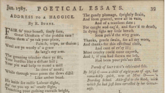 A page from the poetical essays section of The Scots Magazine 1787, showing black print on old, browning paper.