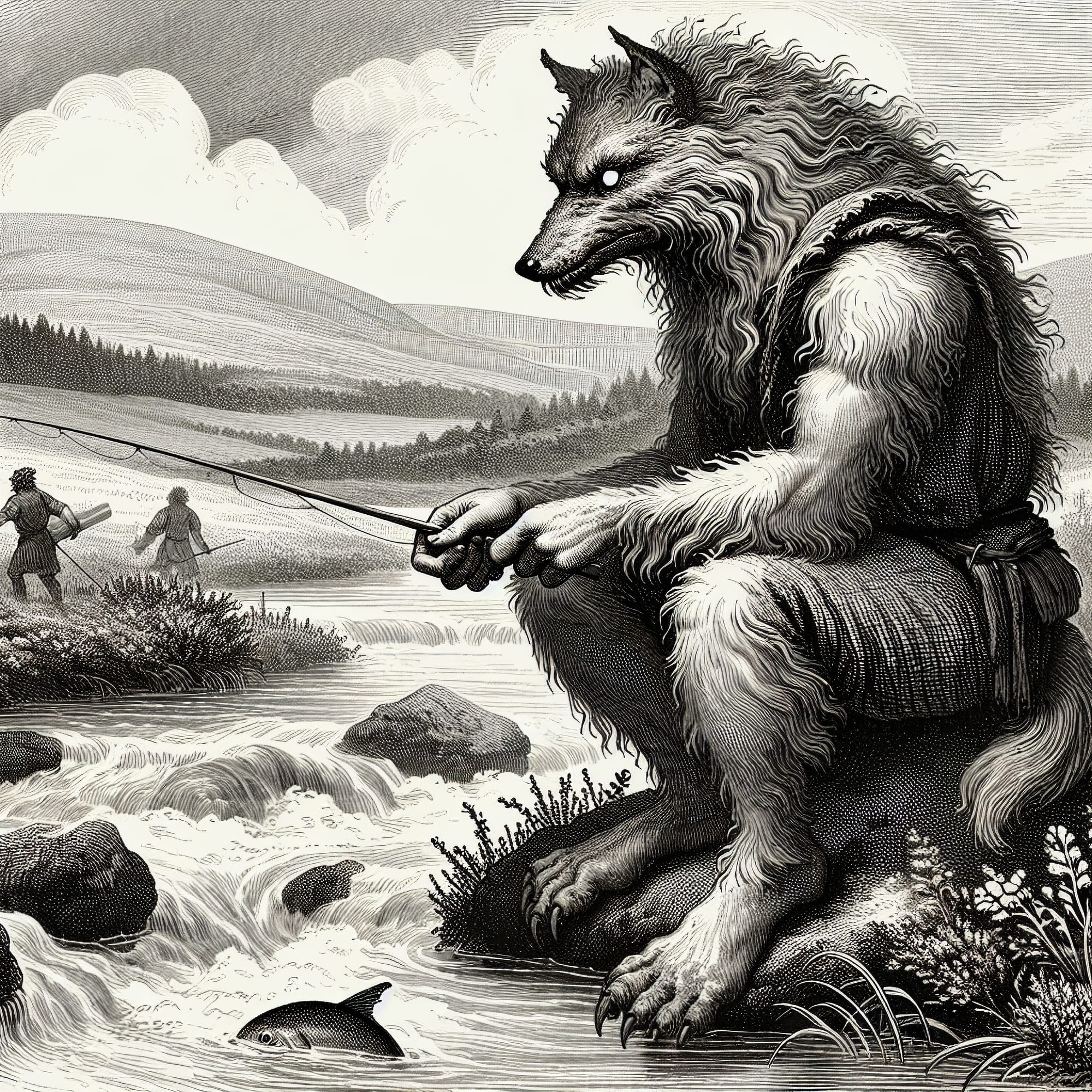 An illustration of the Wulver sitting on a rock and fishing in a stream.