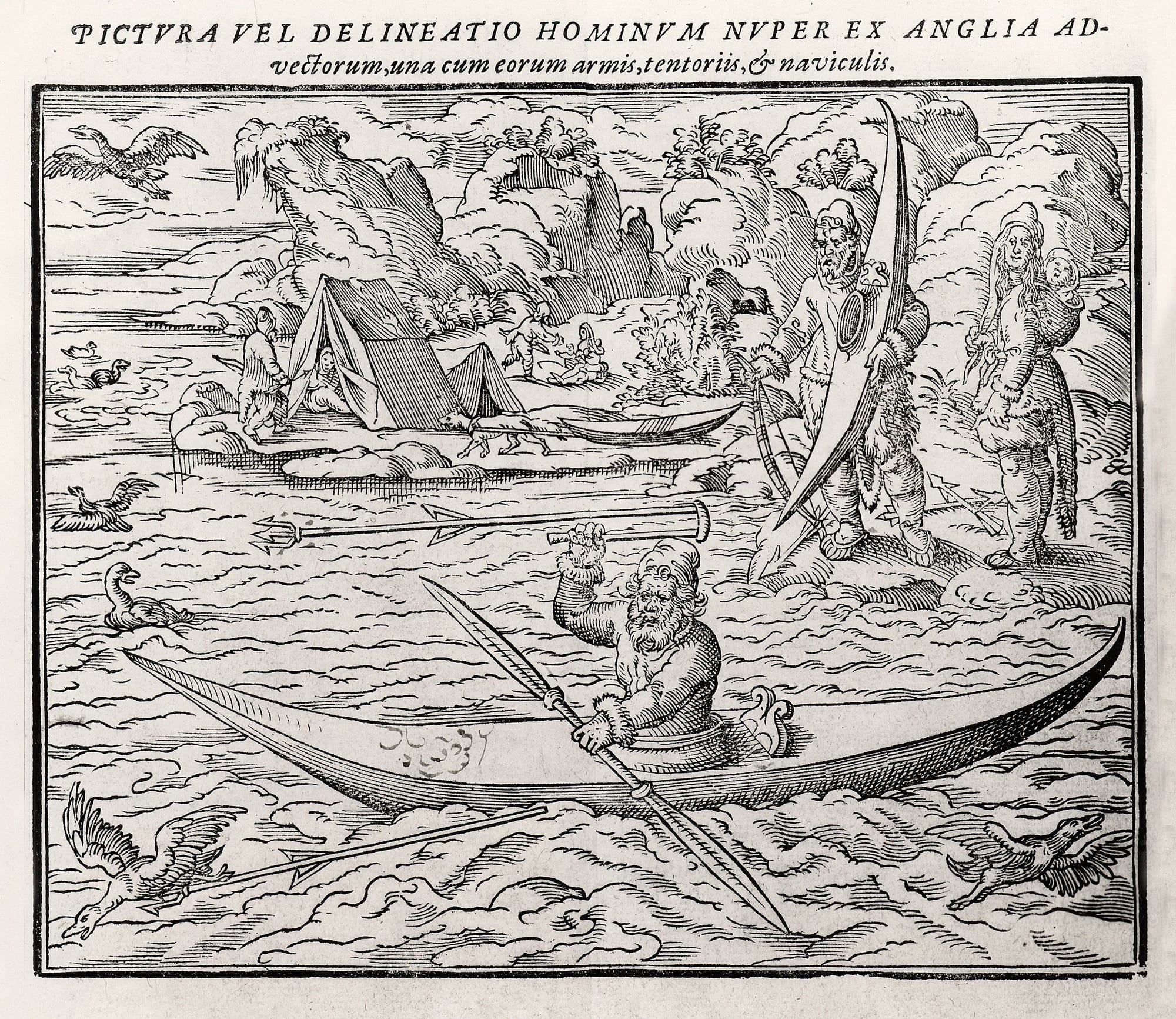 An illustration of a fisherman in a canoe holding an oar and a trident. 
