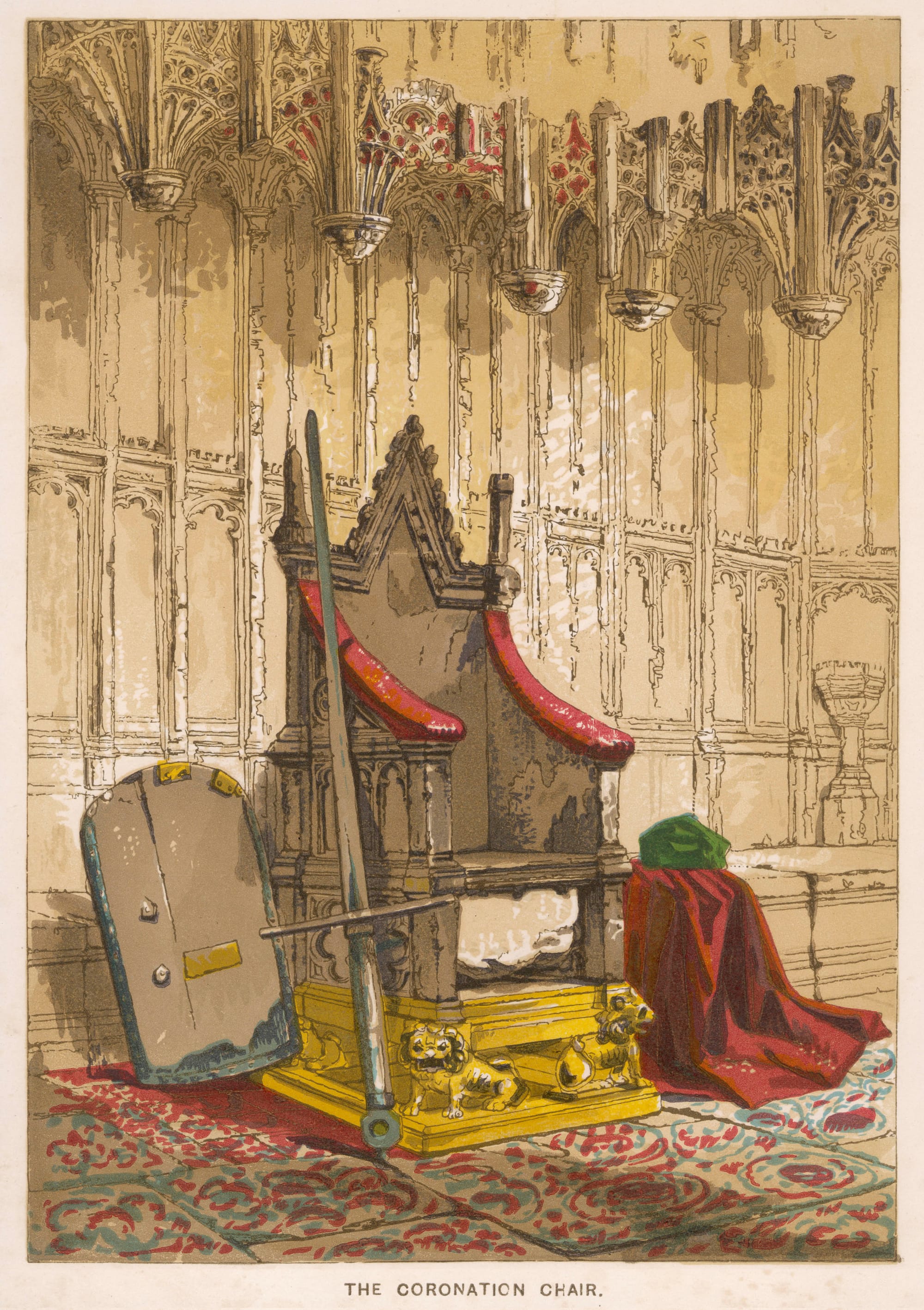 A colour illustration of Edward's Coronation Chair, showing the Stone of Destiny near the base.