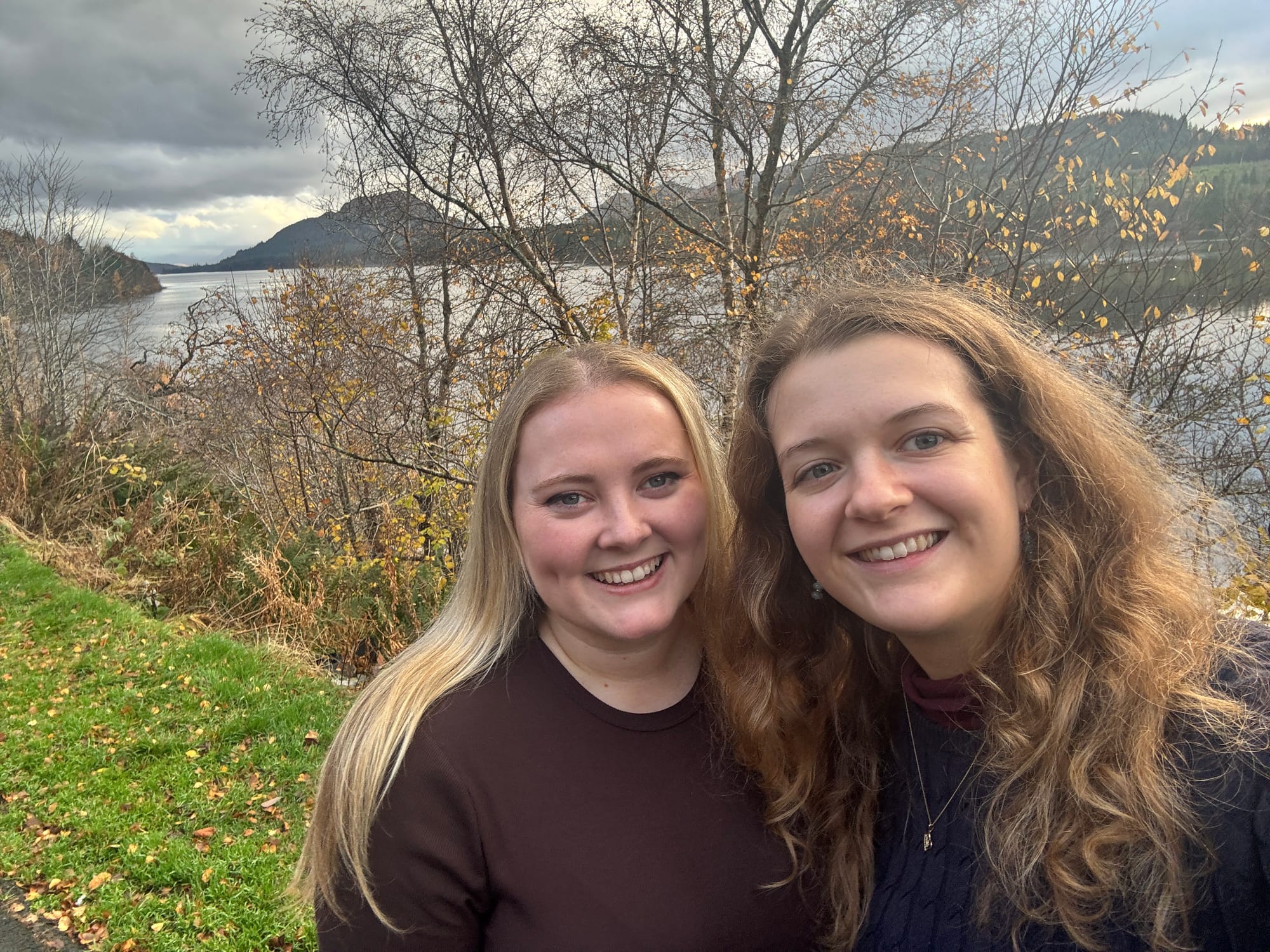 Joanna (left) with her friend Jemima, with a loch in the background.
